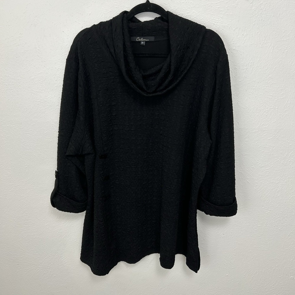 Calessa Black Solid Textured Cowl Neck 3/4 Sleeve‎ Tunic  Stretch 3X Lagenlook